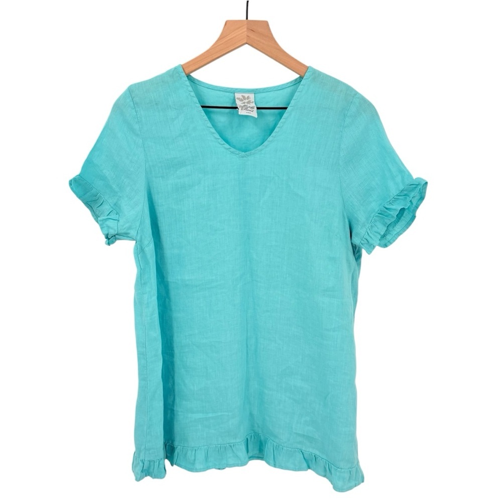 Matchpoint Lagenlook V-Neck Linen‎ Blouse Ruffle Blue Made in USA Small